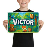 Victor Name Art - Forest Friends personalized wall print for kids