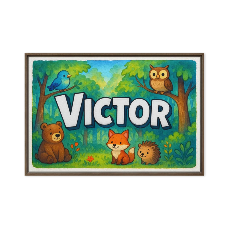 Victor Name Art - Forest Friends personalized wall print for kids