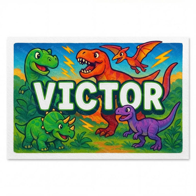 Victor Name Art - Dinosaur Adventure personalized wall print for kids