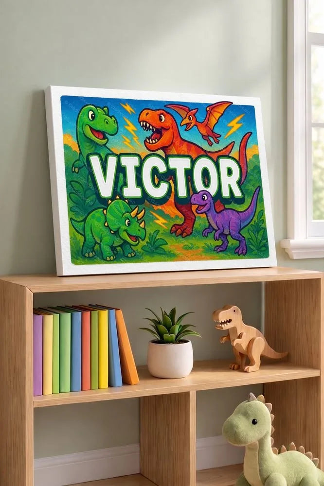 Victor Name Art - Dinosaur Adventure personalized wall print for kids