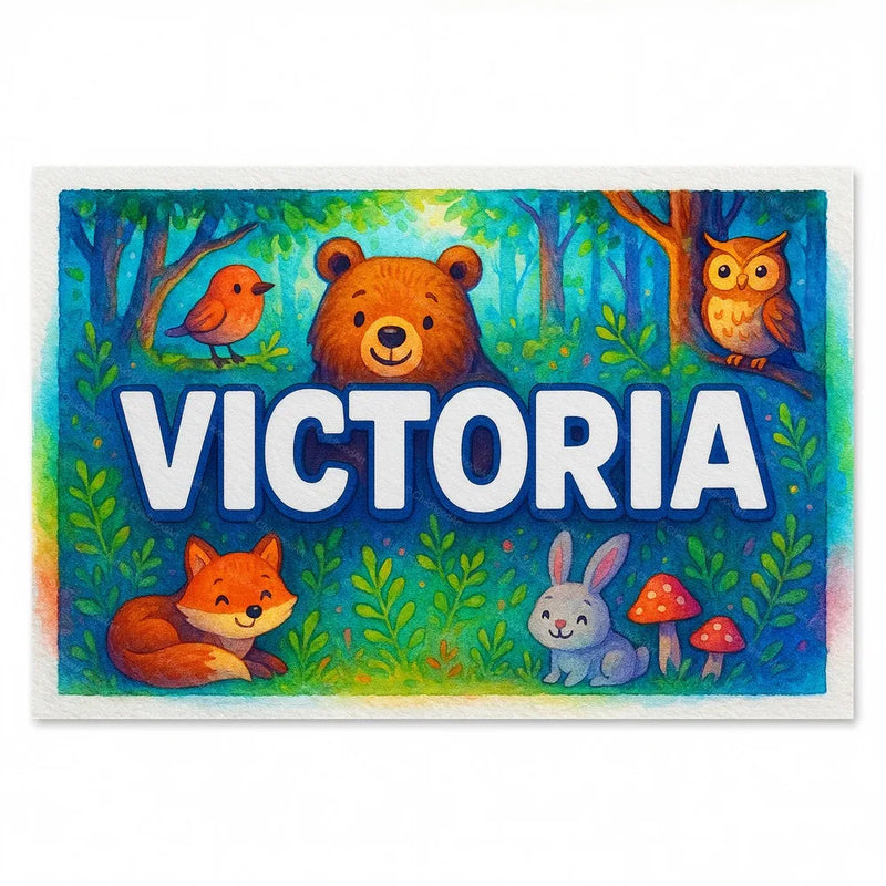 Calm personalized woodland name art for Victoria