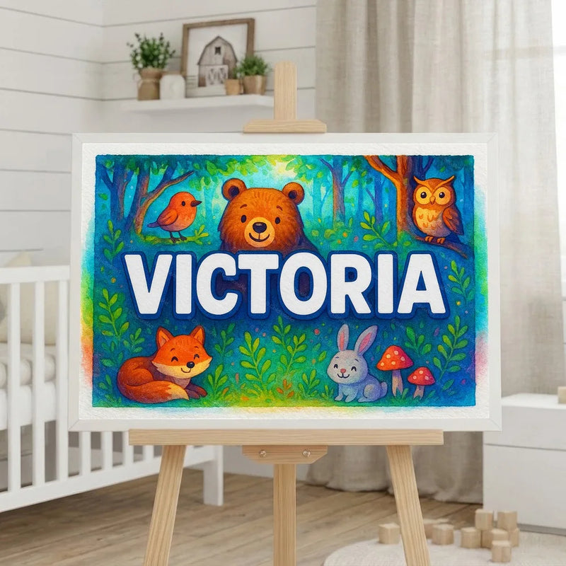 Calm personalized woodland name art for Victoria