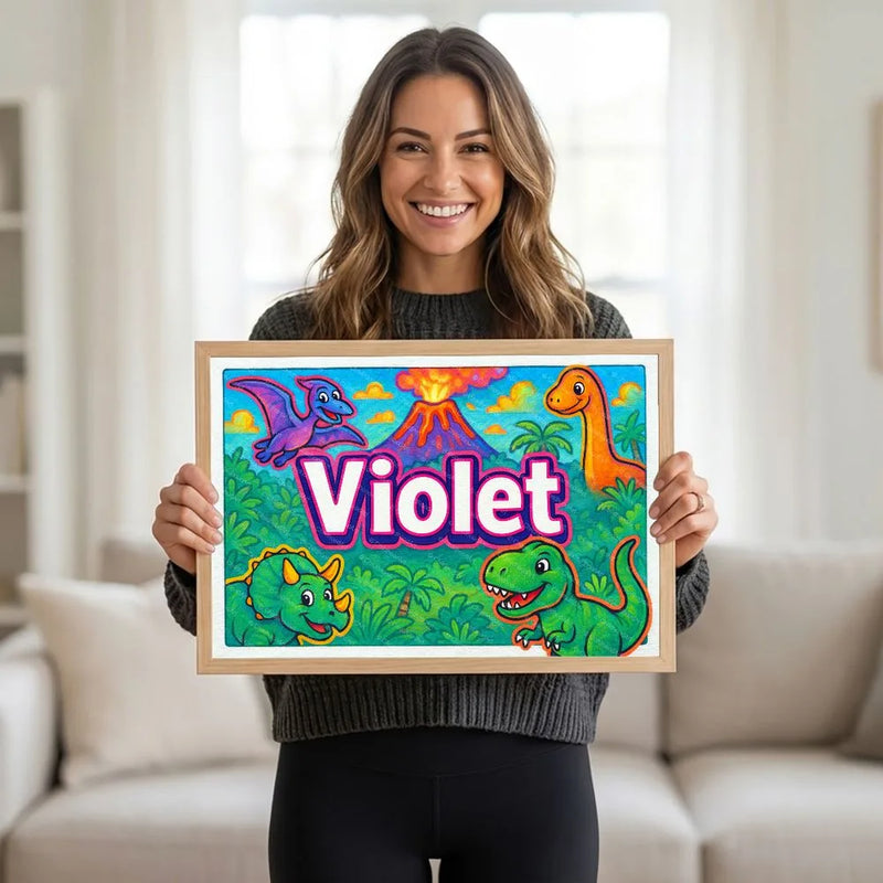 Adventurous personalized dinosaur name art for Violet
