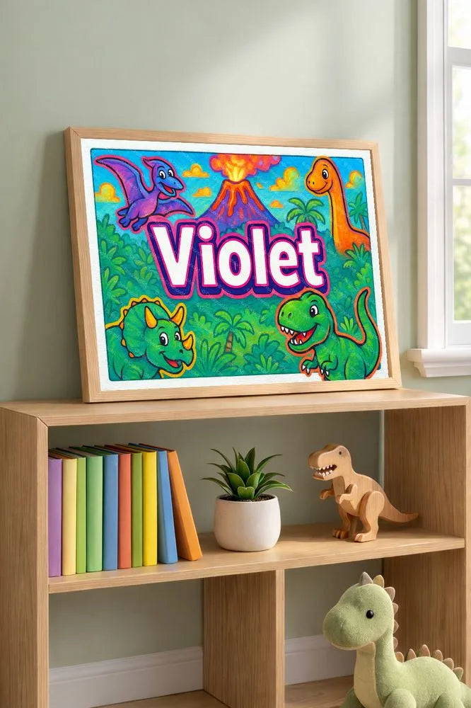 Adventurous personalized dinosaur name art for Violet