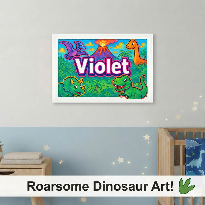 Adventurous personalized dinosaur name art for Violet