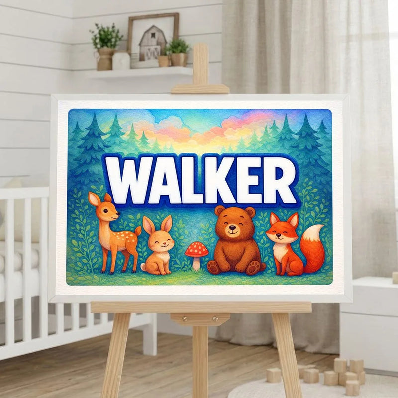 Walker Name Art - Forest Friends personalized wall print for kids