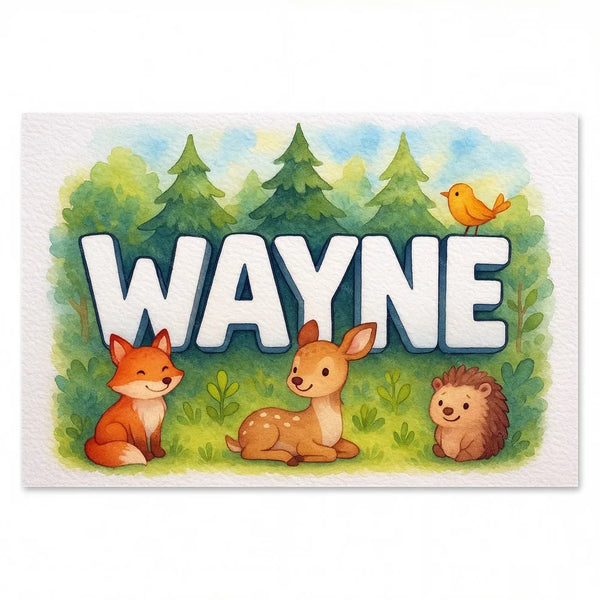 Forest friends themed name art featuring Wayne