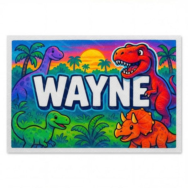 Personalized Wayne name art print in the Dinosaur adventure style