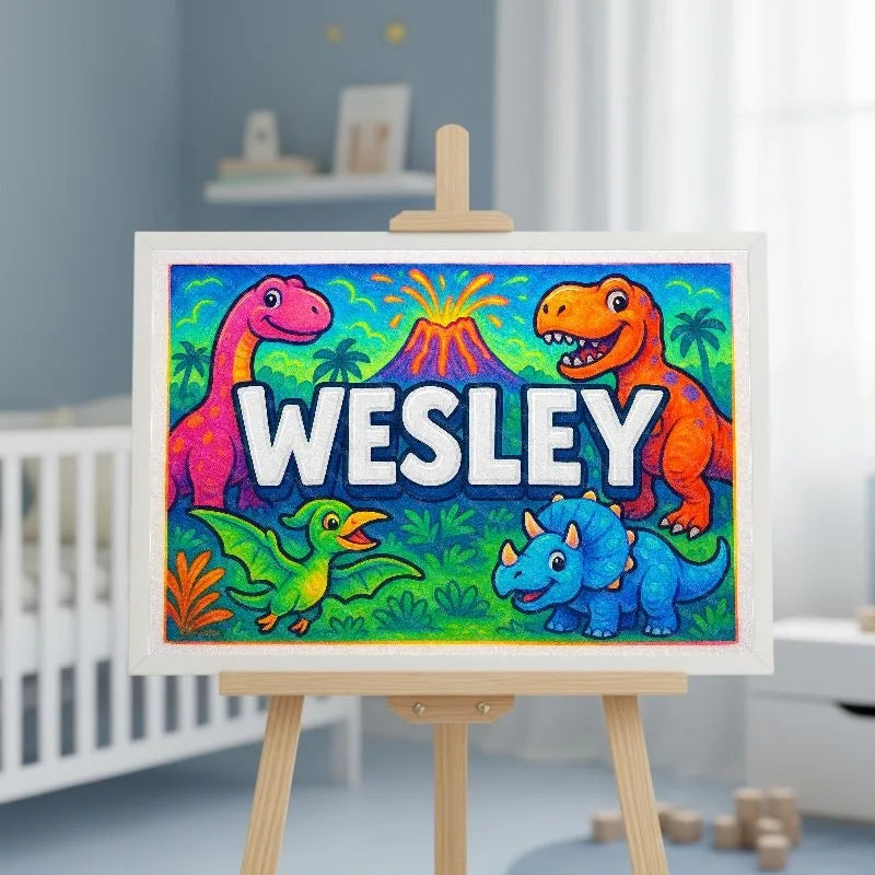 Wesley Name Art - Dinosaur Adventure personalized wall print for kids