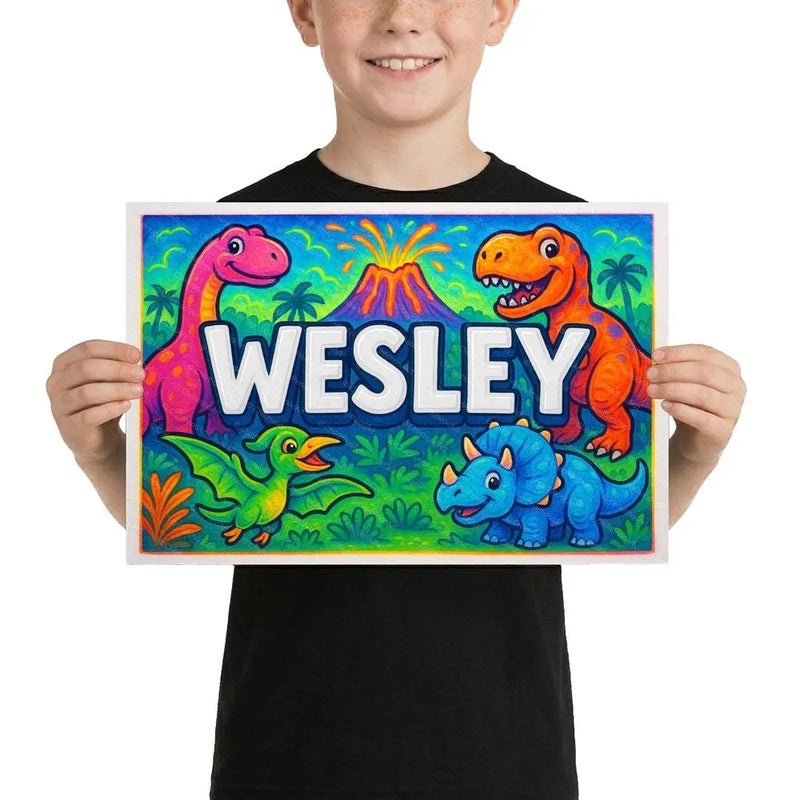 Wesley Name Art - Dinosaur Adventure personalized wall print for kids