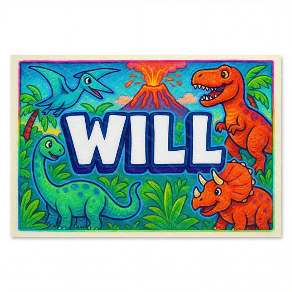 Personalized Will name art print in the Dinosaur adventure style