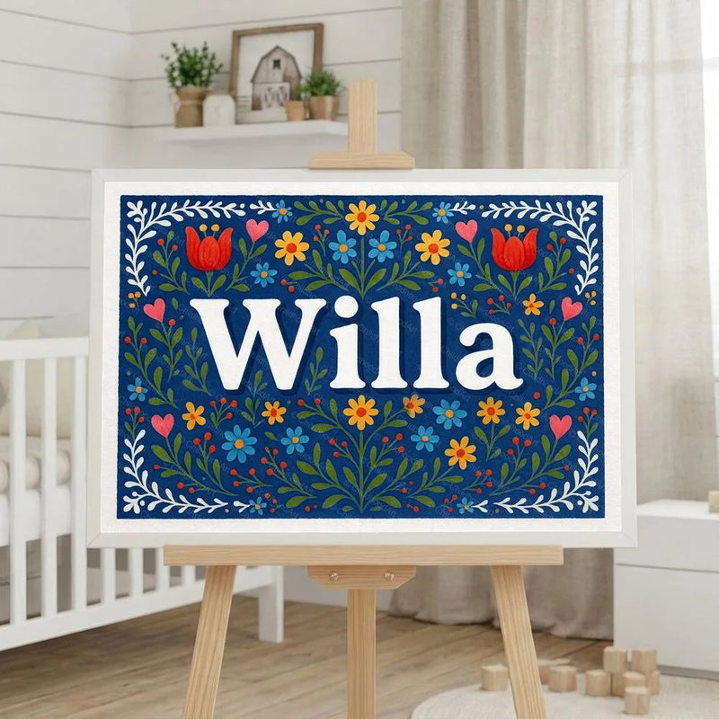 Willa Name Art - Floral Farmhouse personalized wall print for kids