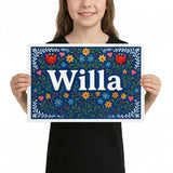 Willa Name Art - Floral Farmhouse personalized wall print for kids