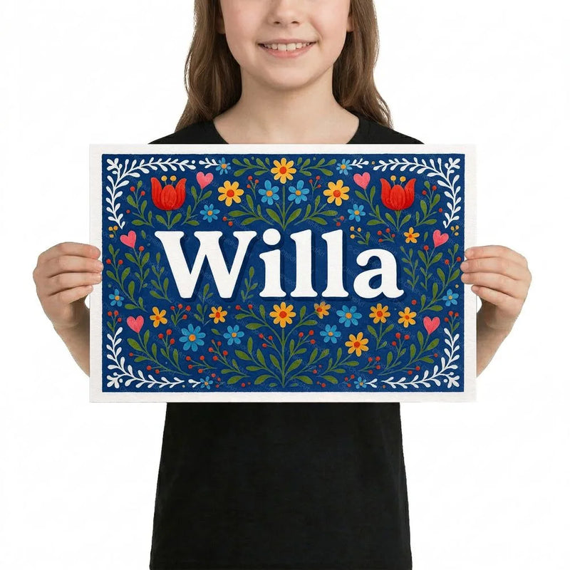 Willa Name Art - Floral Farmhouse personalized wall print for kids