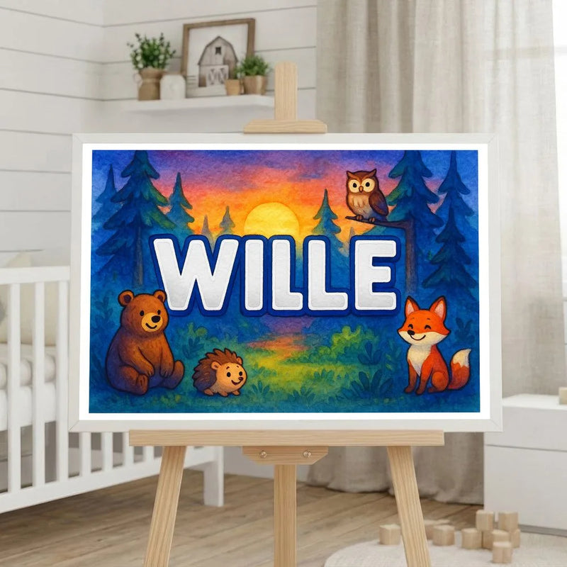 Wille Name Art - Forest Friends personalized wall print for kids