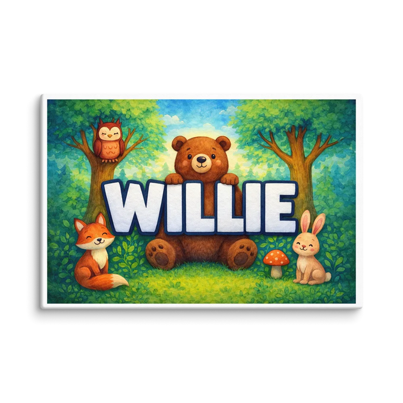 Willie Name Art - Forest Friends personalized wall print for kids