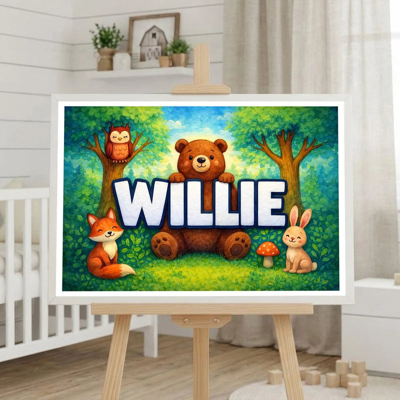 Willie Name Art - Forest Friends personalized wall print for kids