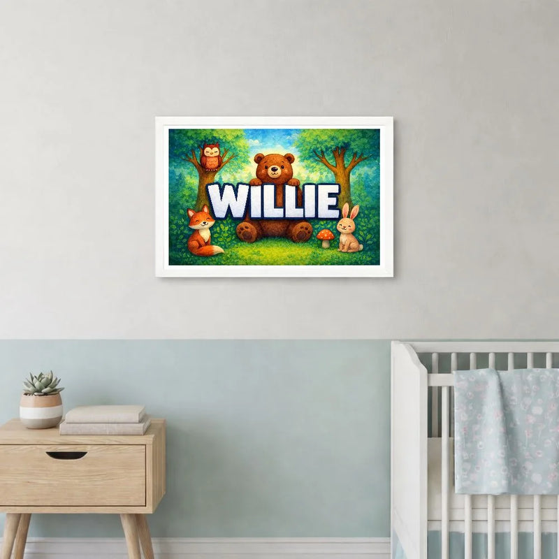 Willie Name Art - Forest Friends personalized wall print for kids