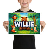 Willie Name Art - Forest Friends personalized wall print for kids