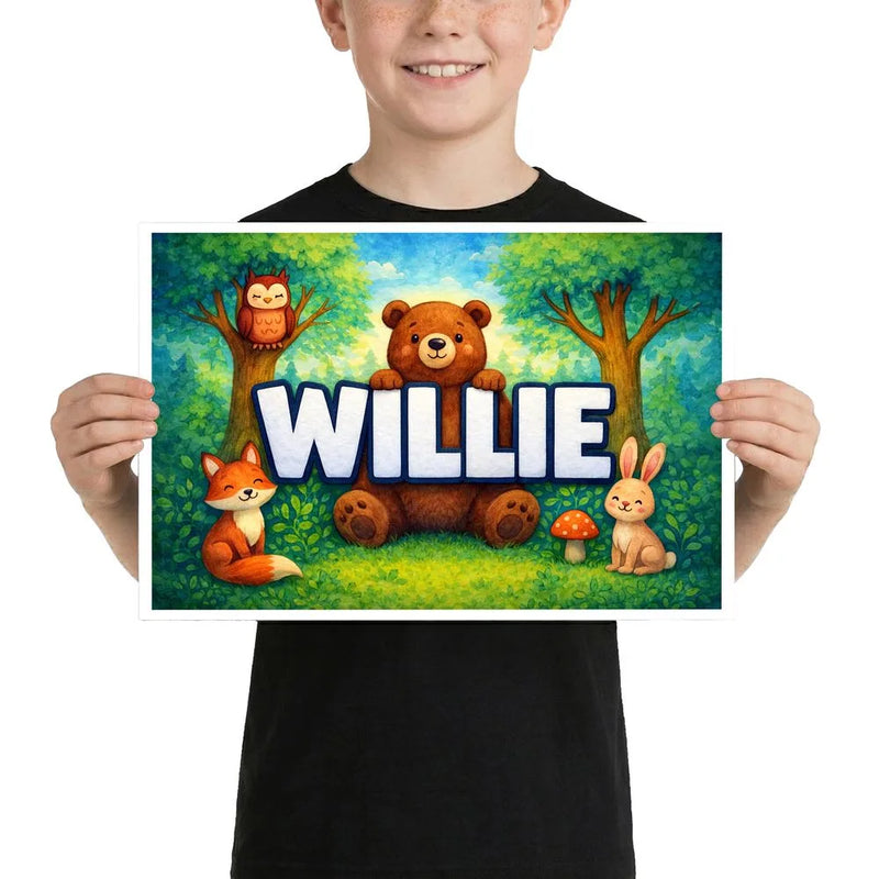 Willie Name Art - Forest Friends personalized wall print for kids