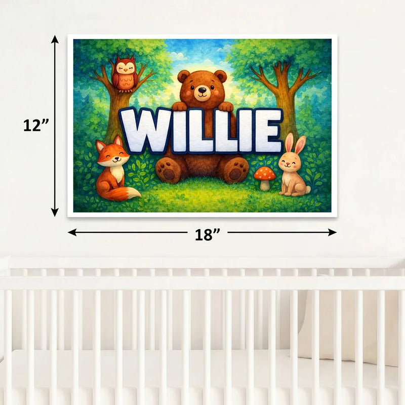 Willie Name Art - Forest Friends personalized wall print for kids