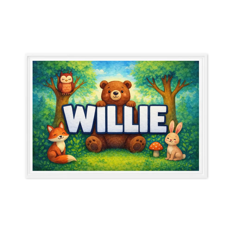 Willie Name Art - Forest Friends personalized wall print for kids