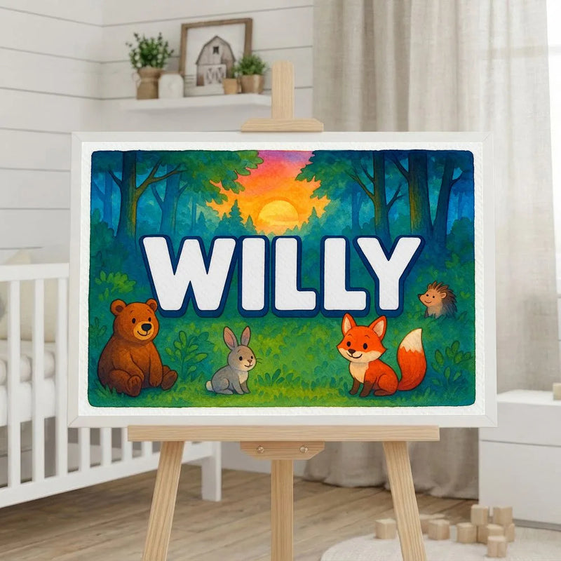 Willy Name Art - Forest Friends personalized wall print for kids
