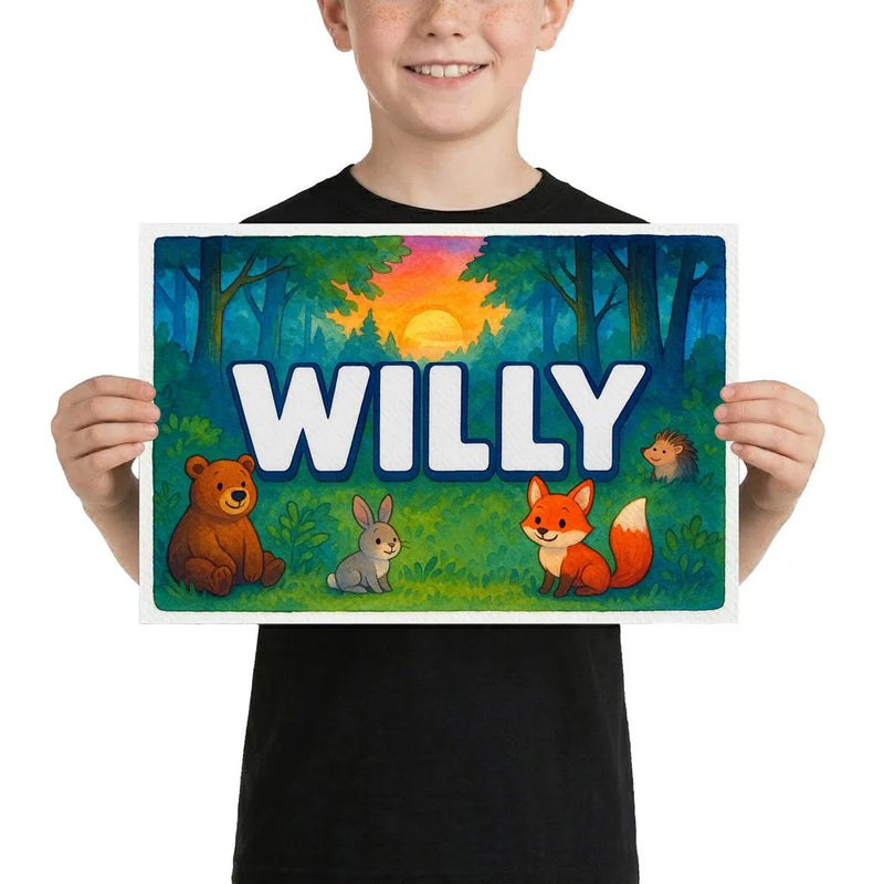 Willy Name Art - Forest Friends personalized wall print for kids