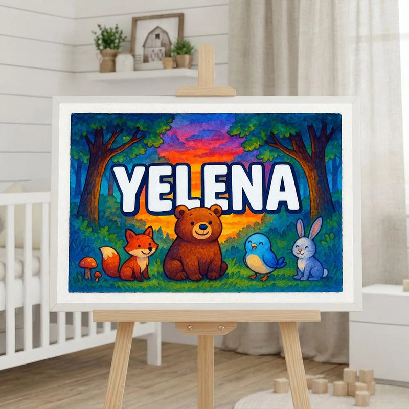 Yelena Name Art - Forest Friends personalized wall print for kids