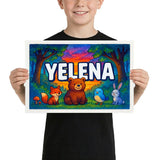 Yelena Name Art - Forest Friends personalized wall print for kids