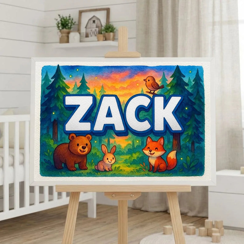 Zack Name Art - Forest Friends personalized wall print for kids