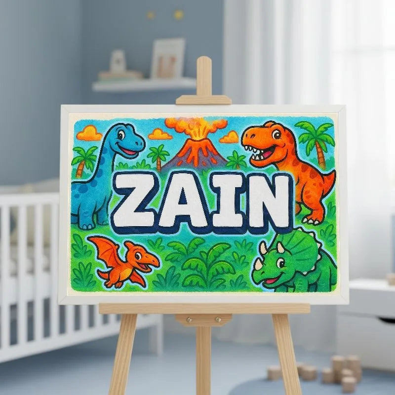 Zain Name Art - Dinosaur Adventure personalized wall print for kids