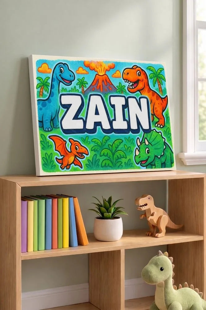 Zain Name Art - Dinosaur Adventure personalized wall print for kids