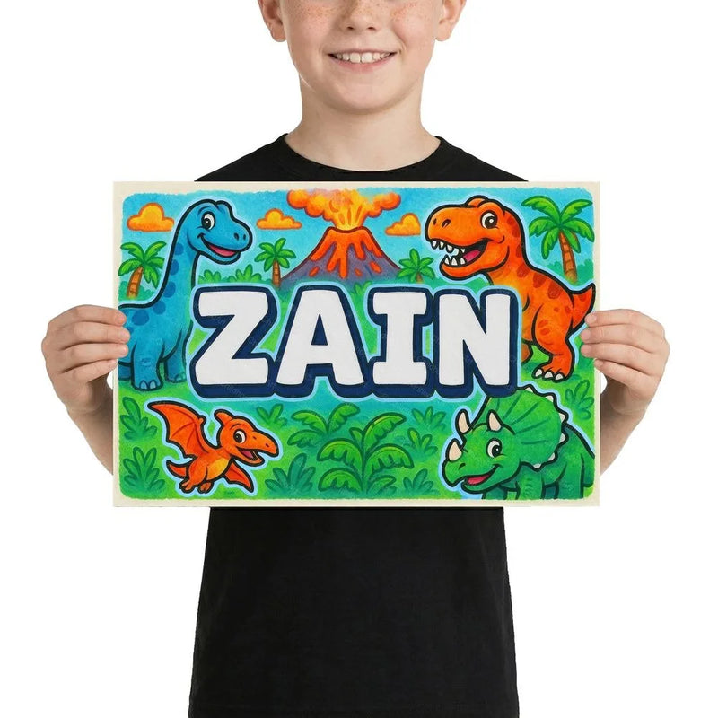 Zain Name Art - Dinosaur Adventure personalized wall print for kids