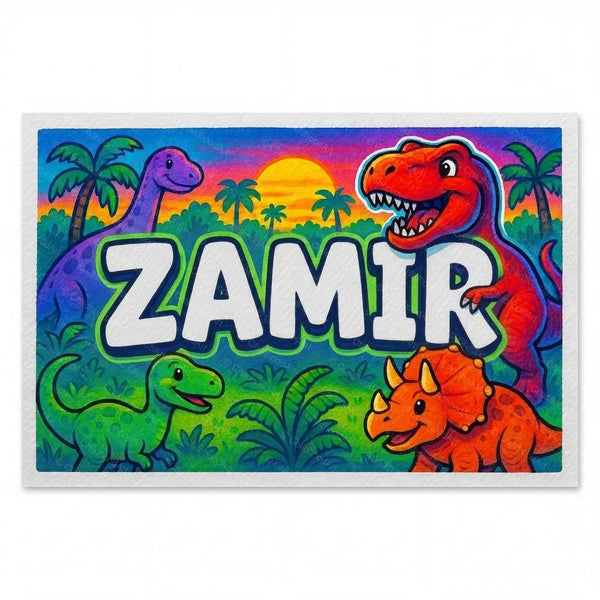 Personalized Zamir name art print in the Dinosaur adventure style