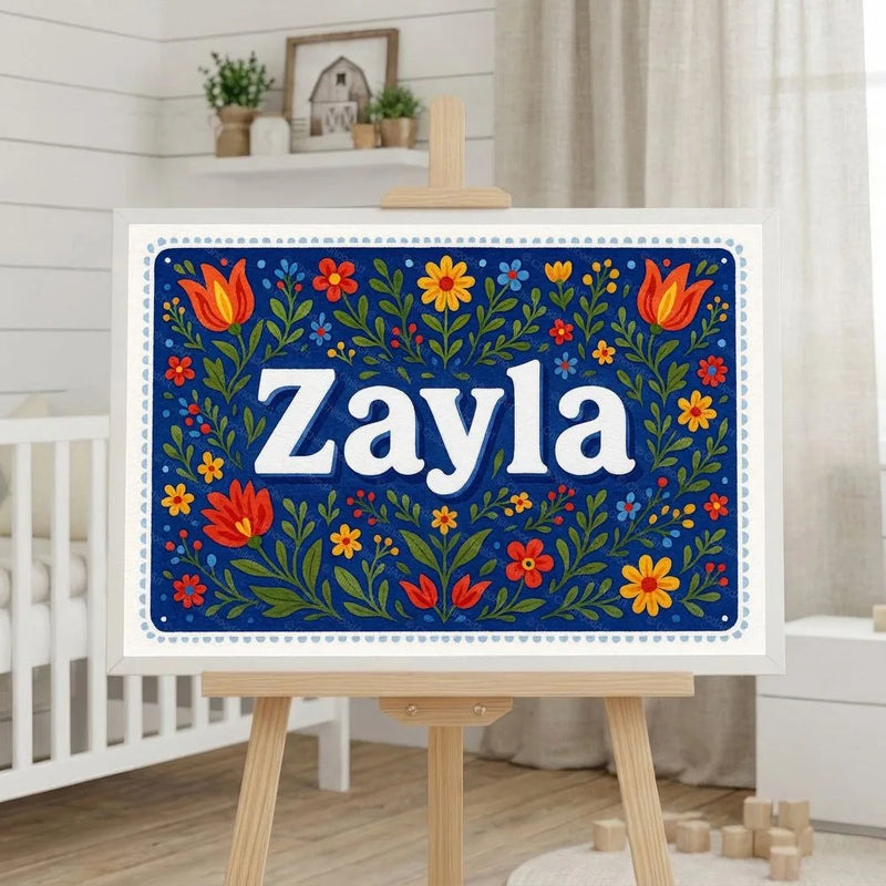 Zayla Name Art - Floral Farmhouse personalized wall print for kids