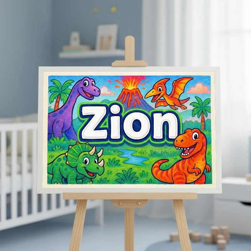 Zion Name Art - Dinosaur Adventure personalized wall print for kids