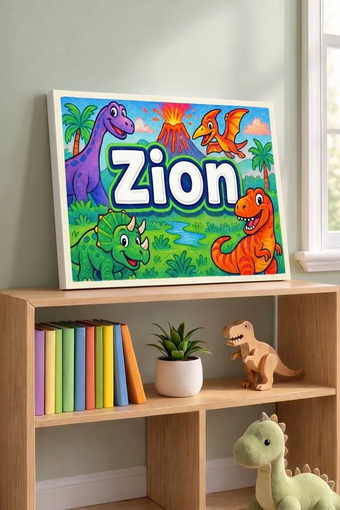 Zion Name Art - Dinosaur Adventure personalized wall print for kids