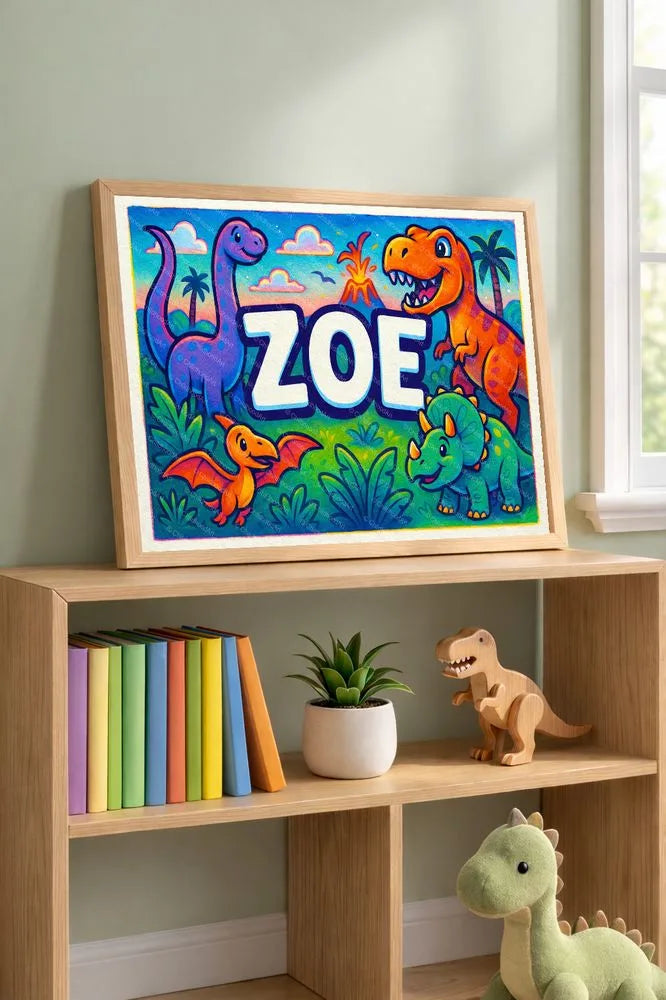 Adventurous personalized dinosaur name art for Zoe
