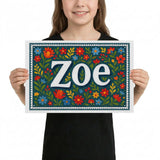 Zoe Name Art - Floral Farmhouse personalized wall print for kids