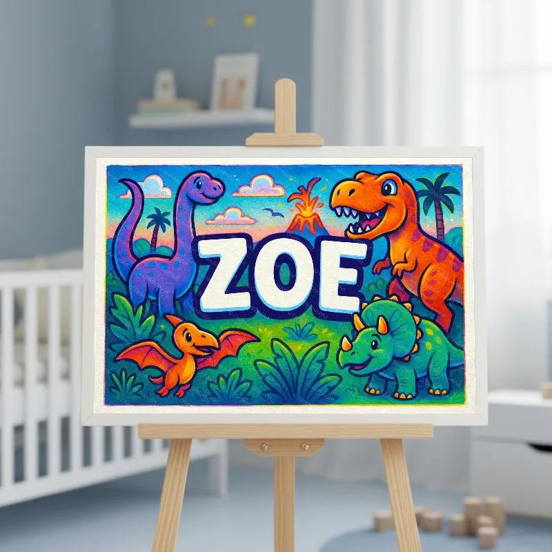 Zoe Name Art - Dinosaur Adventure personalized wall print for kids