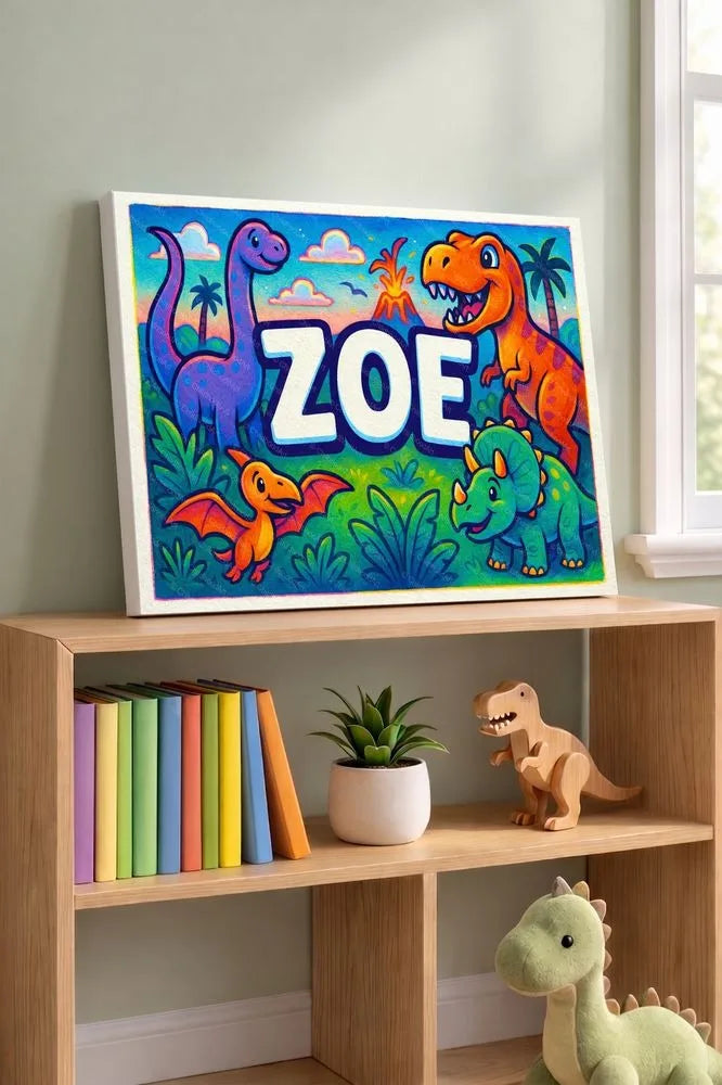 Zoe Name Art - Dinosaur Adventure personalized wall print for kids