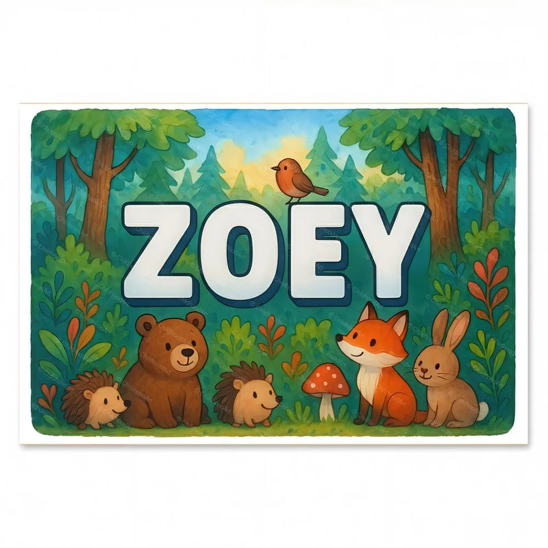 Calm personalized woodland name art for Zoey