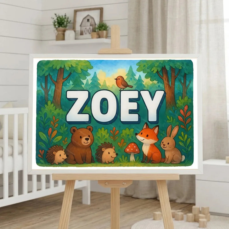 Calm personalized woodland name art for Zoey