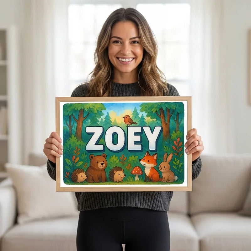 Calm personalized woodland name art for Zoey